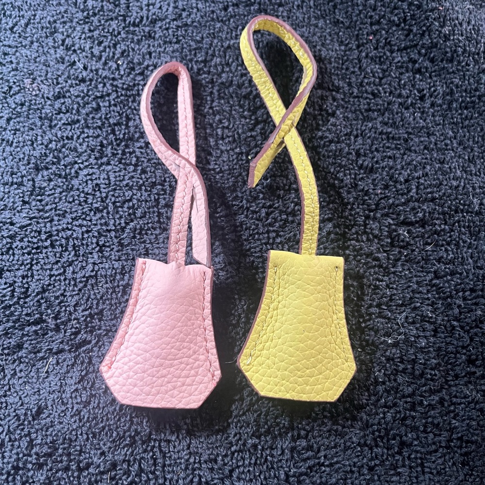 Set of 2 Pebbled Leather Bag Charms Clochette Style Pink and Yellow Handbag Accs